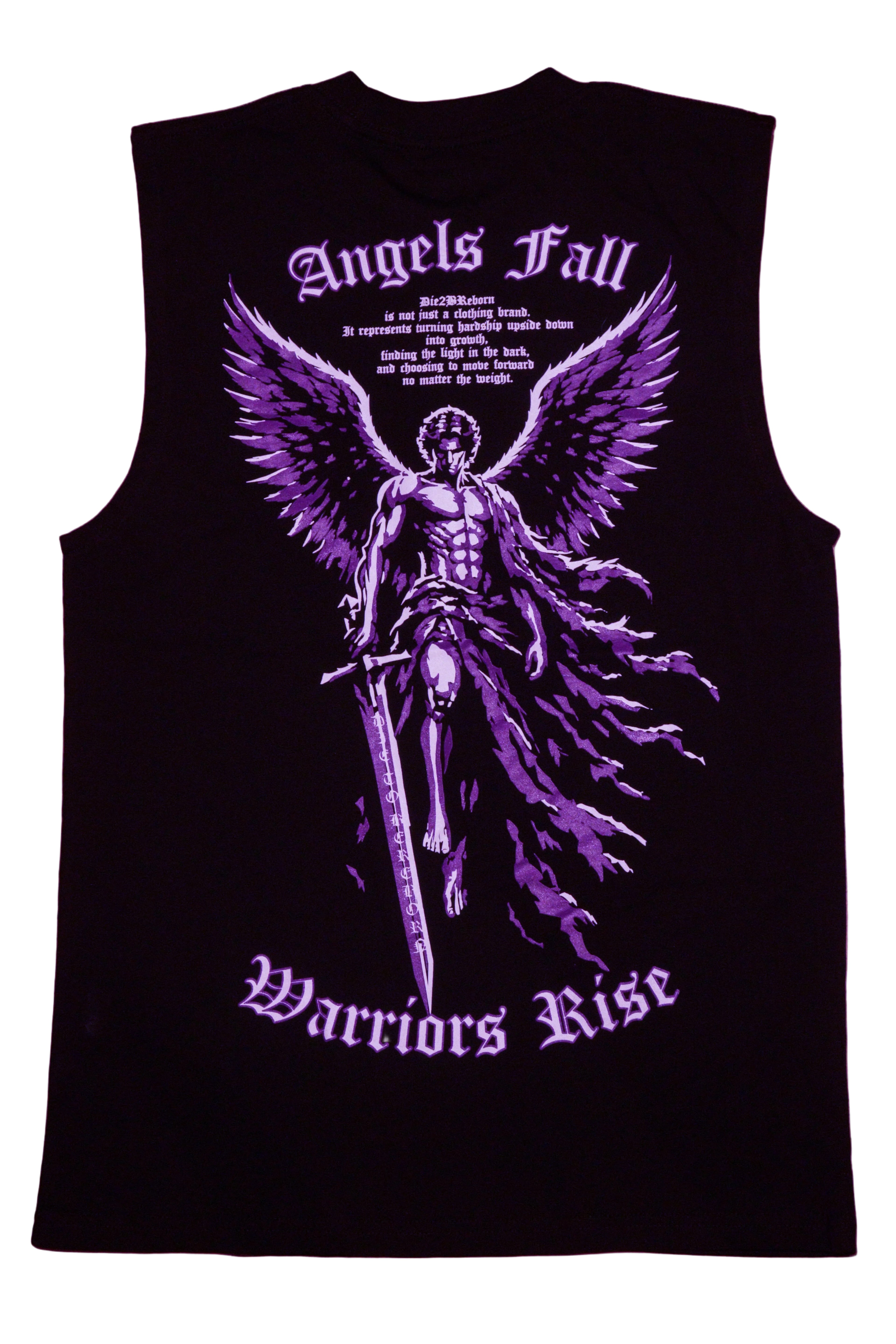 A black sleeveless tank top laid flat on a pink surface, featuring a large purple graphic of an angel with wings and sword, with the text 'Angels Fall' and 'Warriors Rise' on the back.