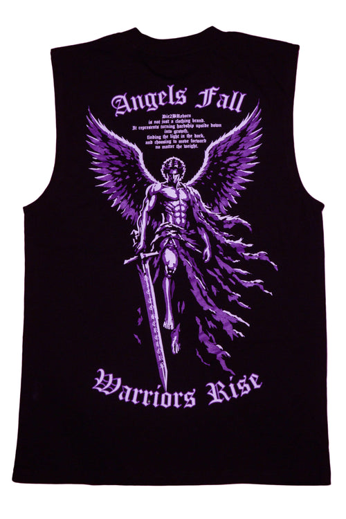 A black sleeveless tank top laid flat on a pink surface, featuring a large purple graphic of an angel with wings and sword, with the text 'Angels Fall' and 'Warriors Rise' on the back.